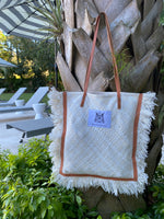 Lightweight Rectangle Beach Tote _ Brown Soft Raffia with Fringe and Handle