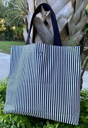 Large Beach Tote - Black and White Narrow Stripes