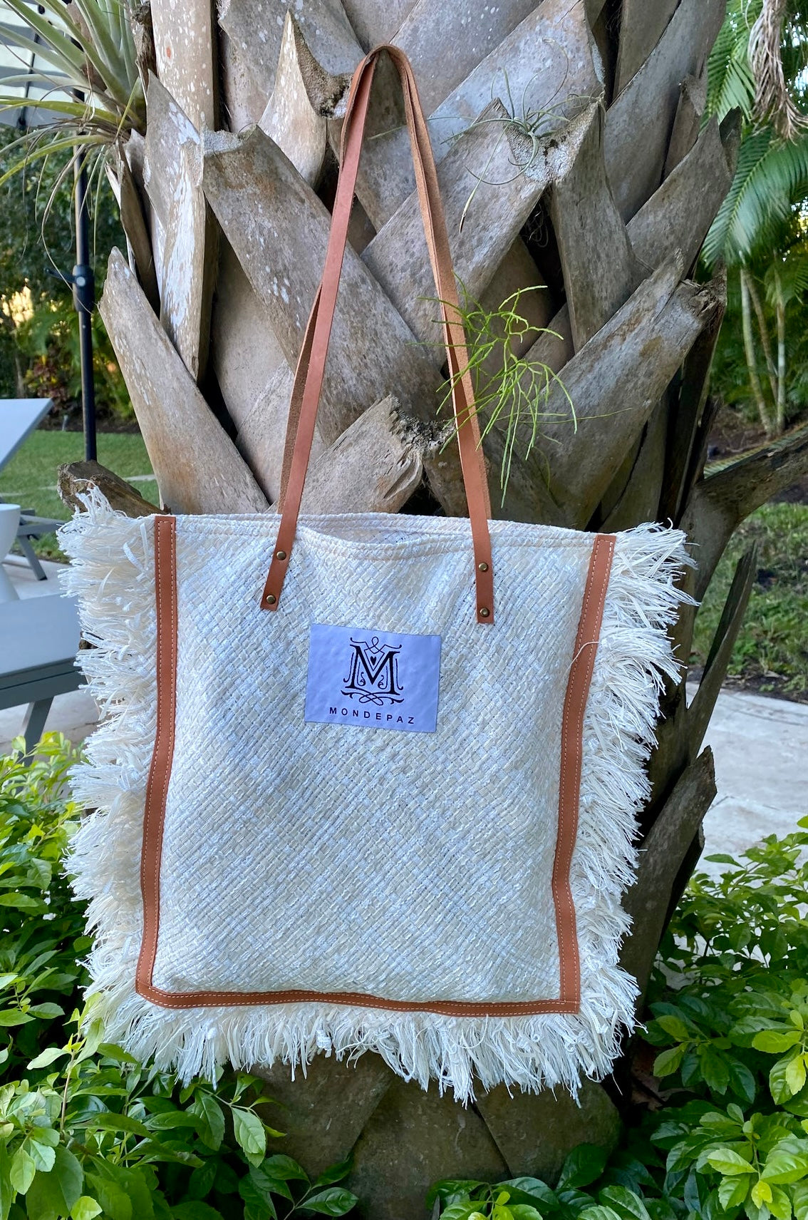 Lightweight Rectangle Beach Tote _ Beige and Tan Soft Raffia with Fringe and Handle